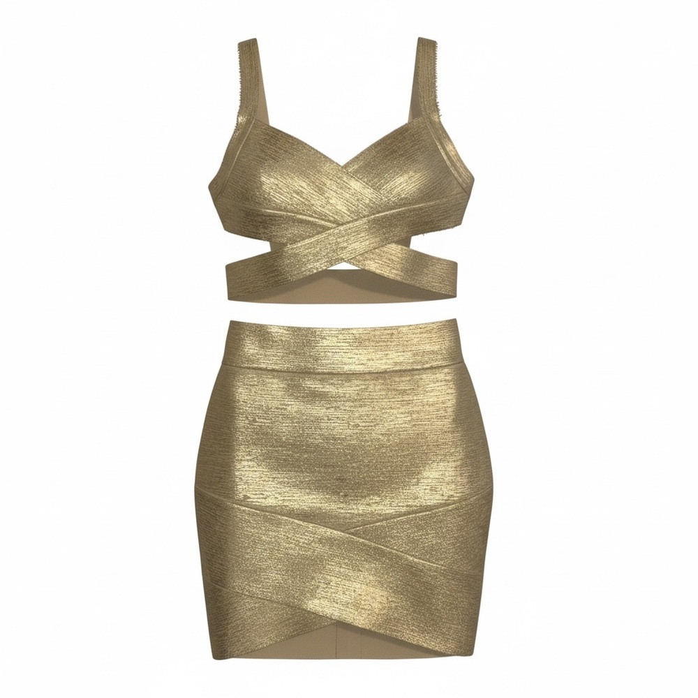 Rivir Metallic Gold Bandage Skirt Set